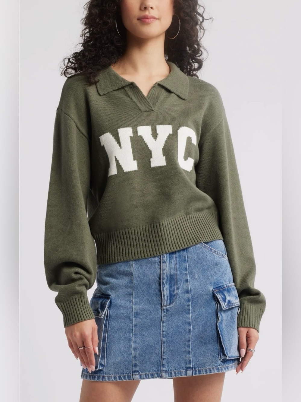 bp Olive Green NYC Polo-Collar Sweater with White Lettering